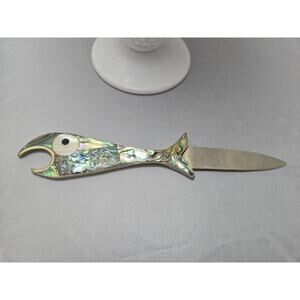 Vintage Mexican Alpaca Silver & Abalone Fish Bottle/Letter Opener Knife 5”